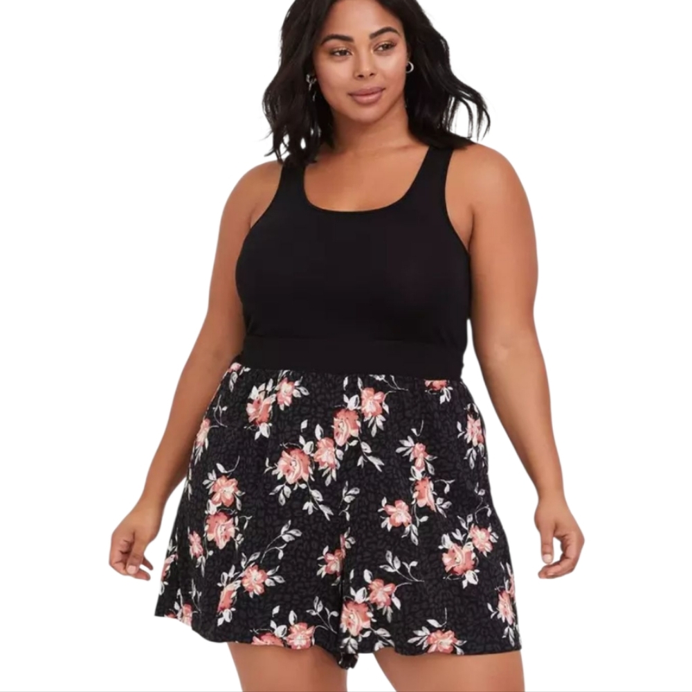 Torrid‎ Black Floral Knit to Woven Challis Romper Plus Size 3X